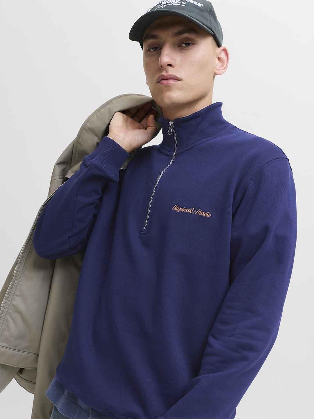 Jack & Jones felpa blu con metà zip 12282899 BLU JACK & JONES