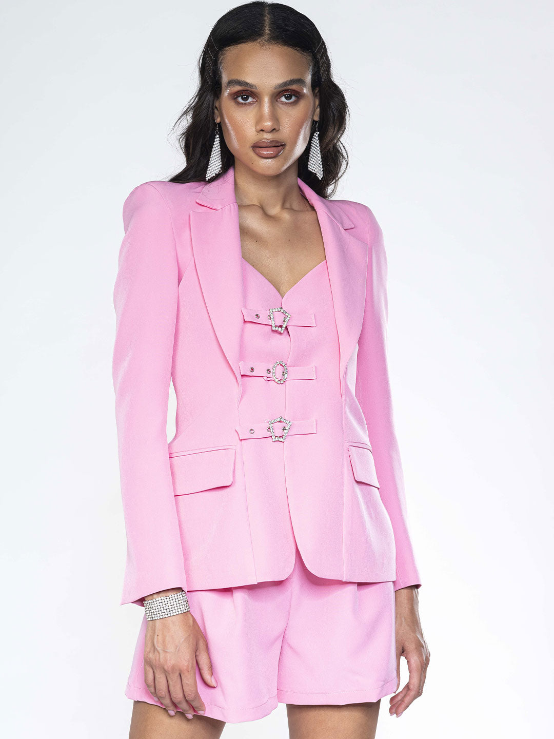 Matilde Couture giacca rosa con triplice fibbia con strass<BR/>