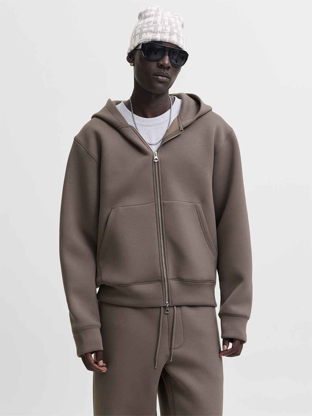 Jack & Jones felpa fango con cappuccio e zip 12302694 FANGO JACK & JONES 