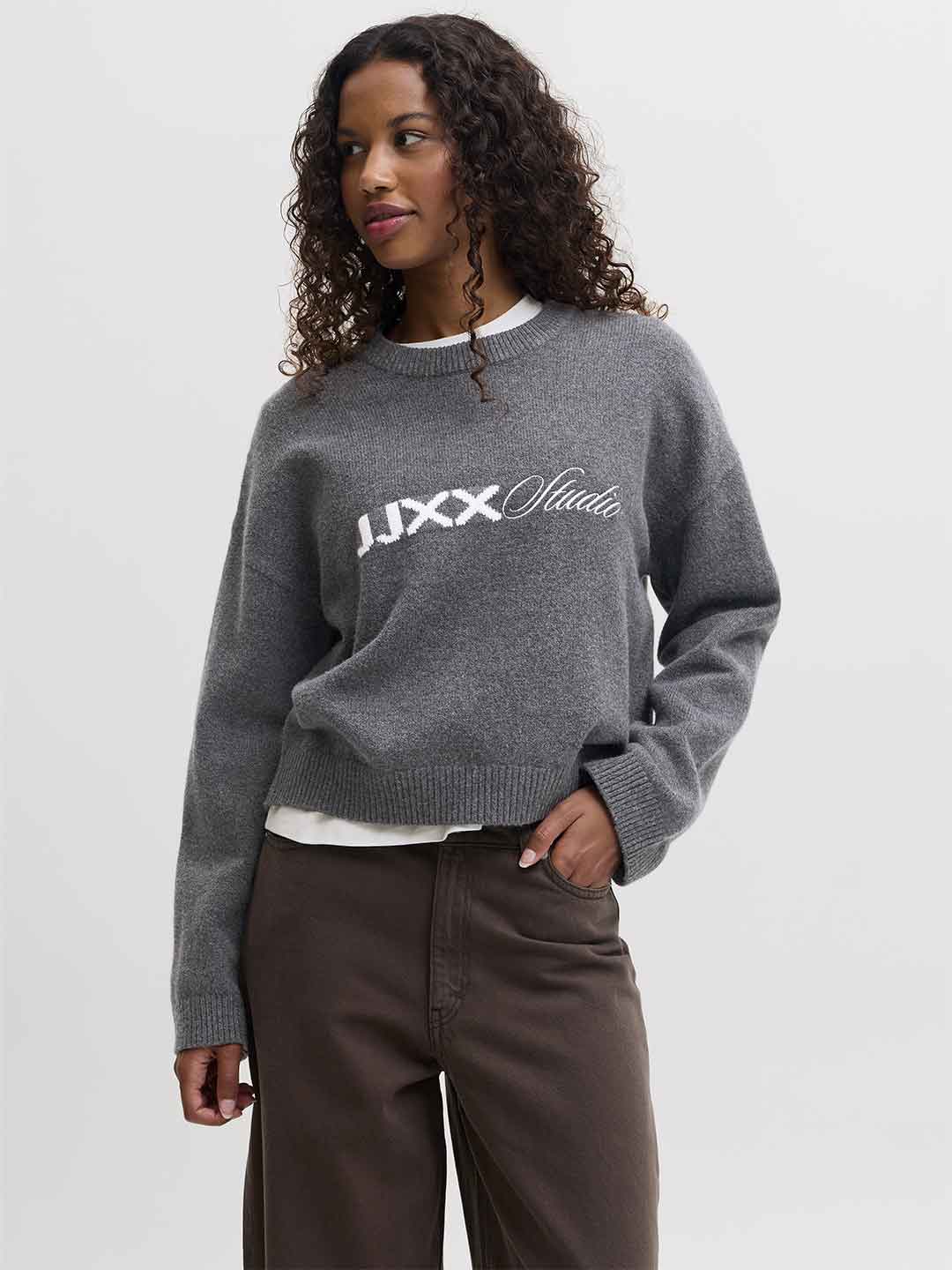 JJXX Norrebro maglione grigio con grafica bianca 12298901 GRIGIO JJXX 