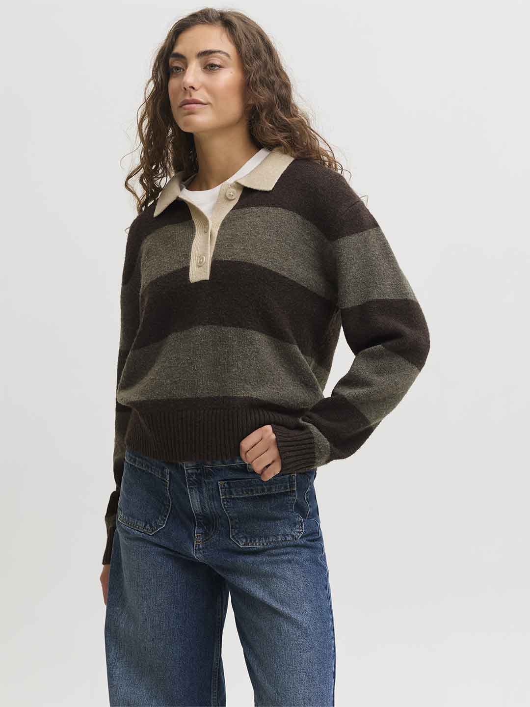 JJXX Ruby maglione marrone a polo a righe 12298904 MARRONE JJXX 