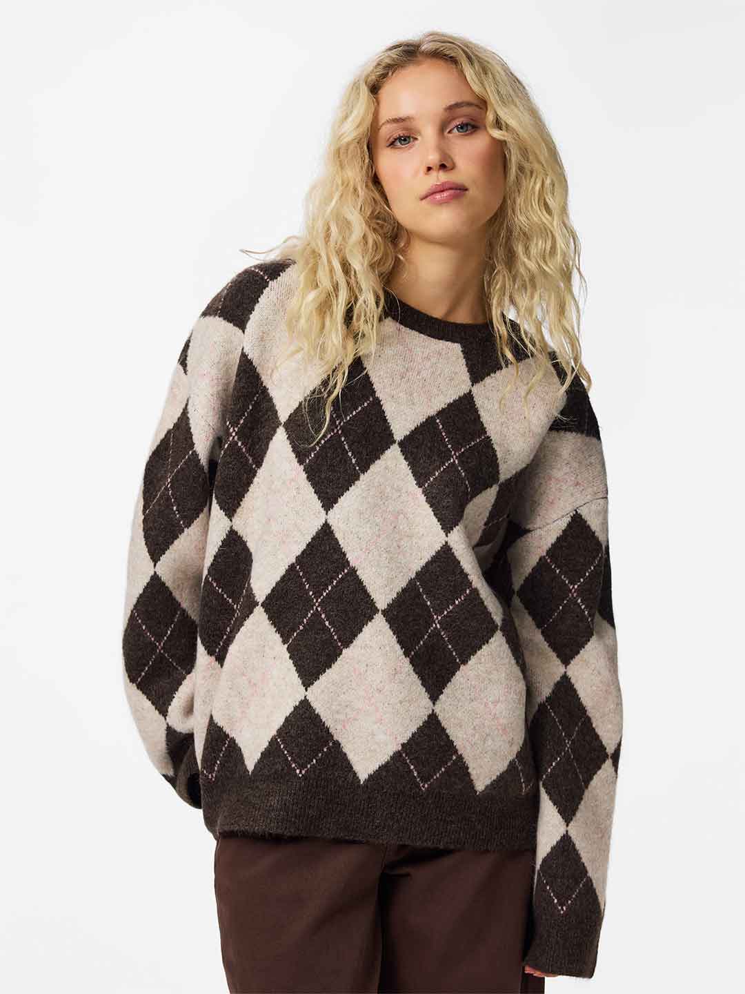 Pieces maglione marrone a rombi 17169184 MARRONE PIECES 