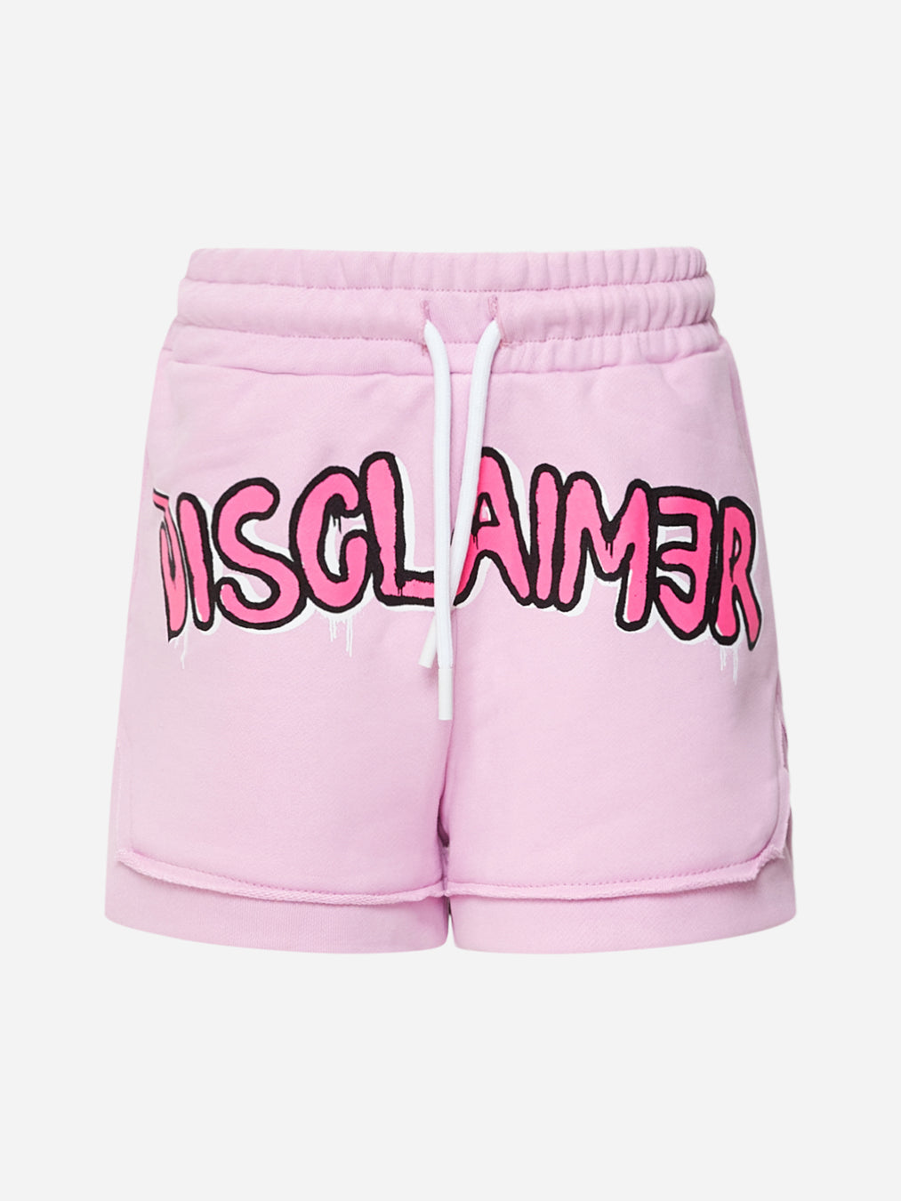 Disclaimer shorts kids rosa con logo writer frontale in contrasto