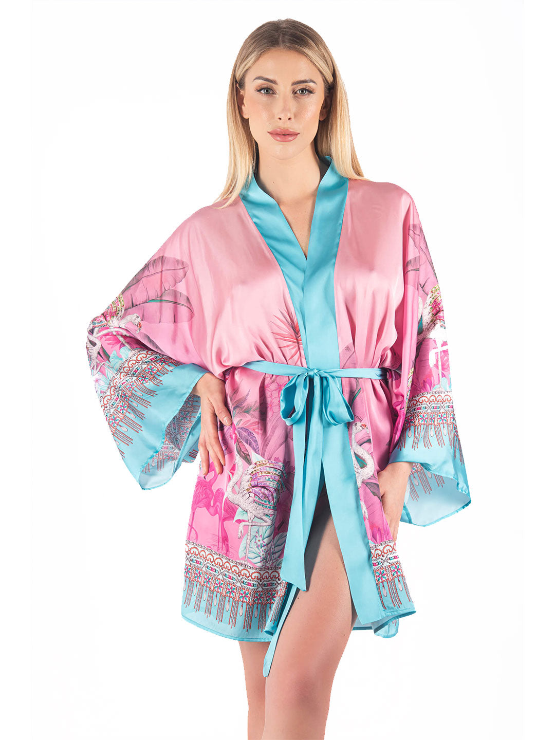 District Margherita Mazzei kimono rosa corto con piume