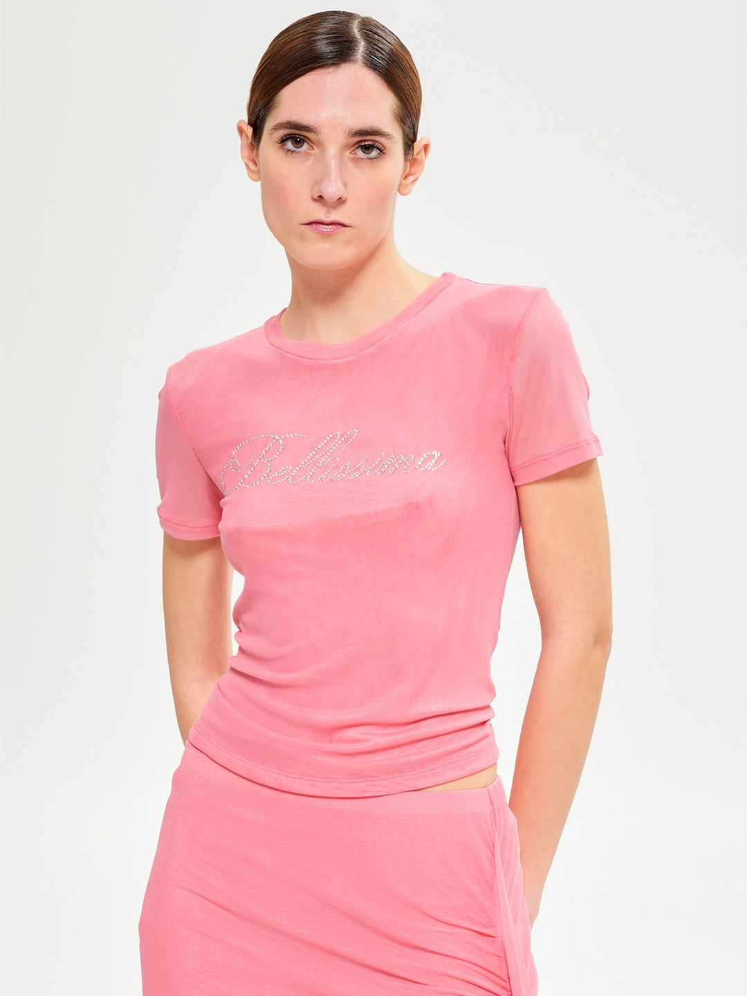 Lumina t-shirt rosa con stampa bellissima in strass