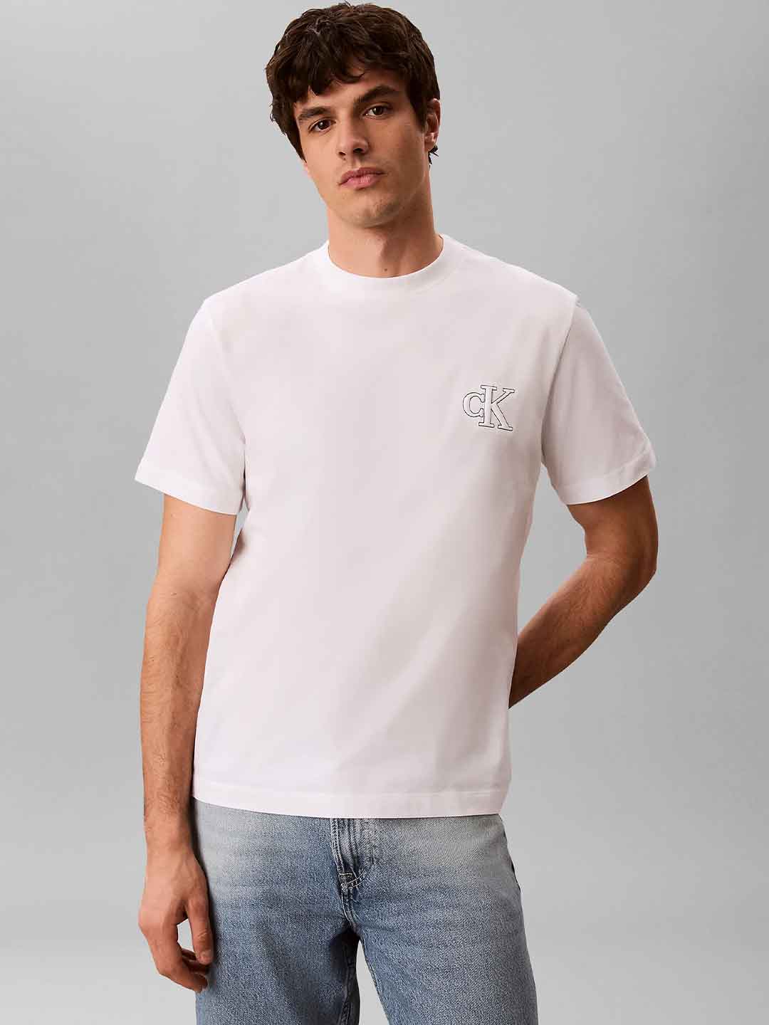 Calvin Klein t-shirt bianco a coste con logo cucito LV04RG220G BIANCO CALVIN KLEIN 
