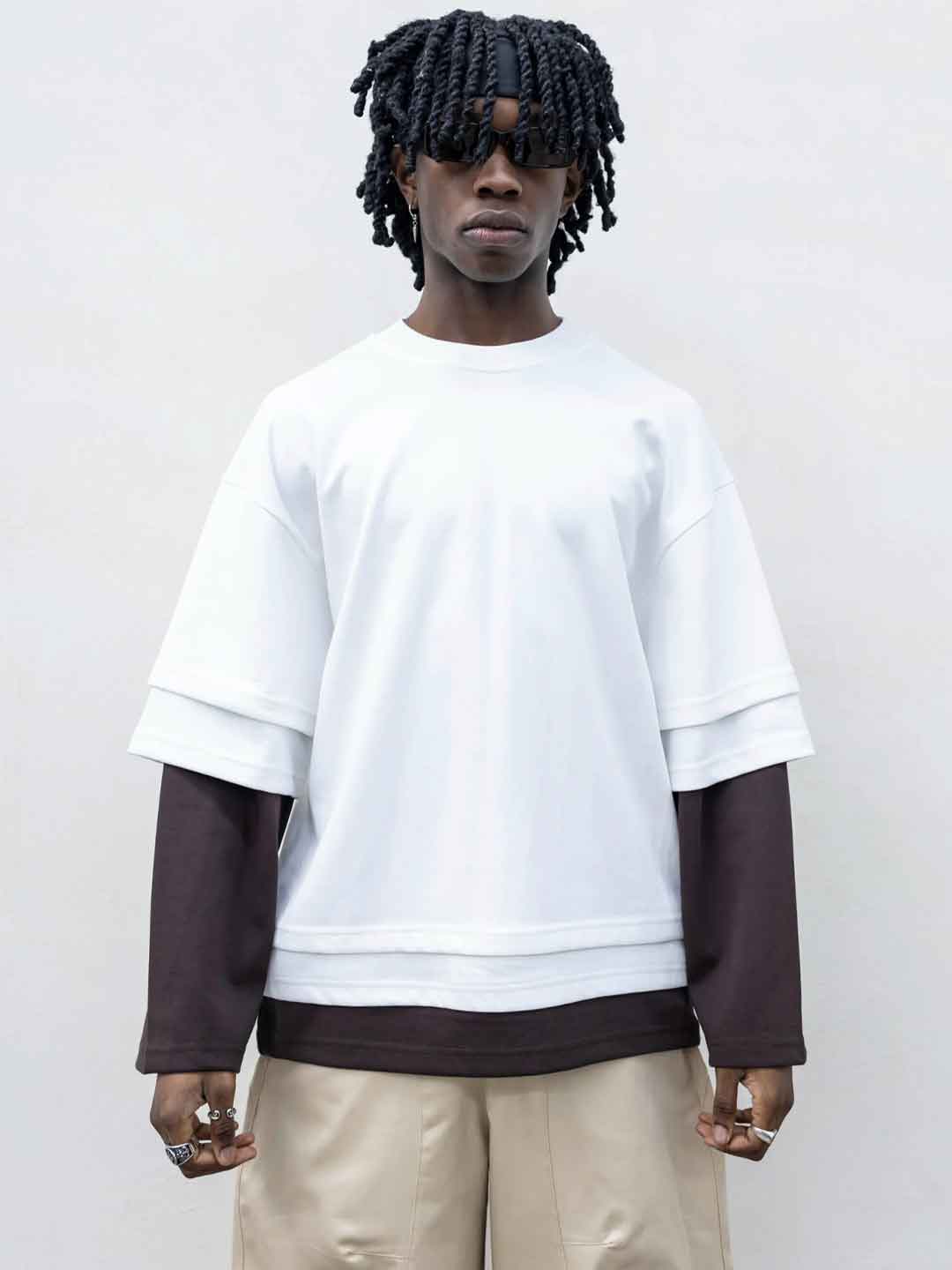 Present Day Long Triple t-shirt bianco e marrone PRS106 BIANCO PRESENT DAY 