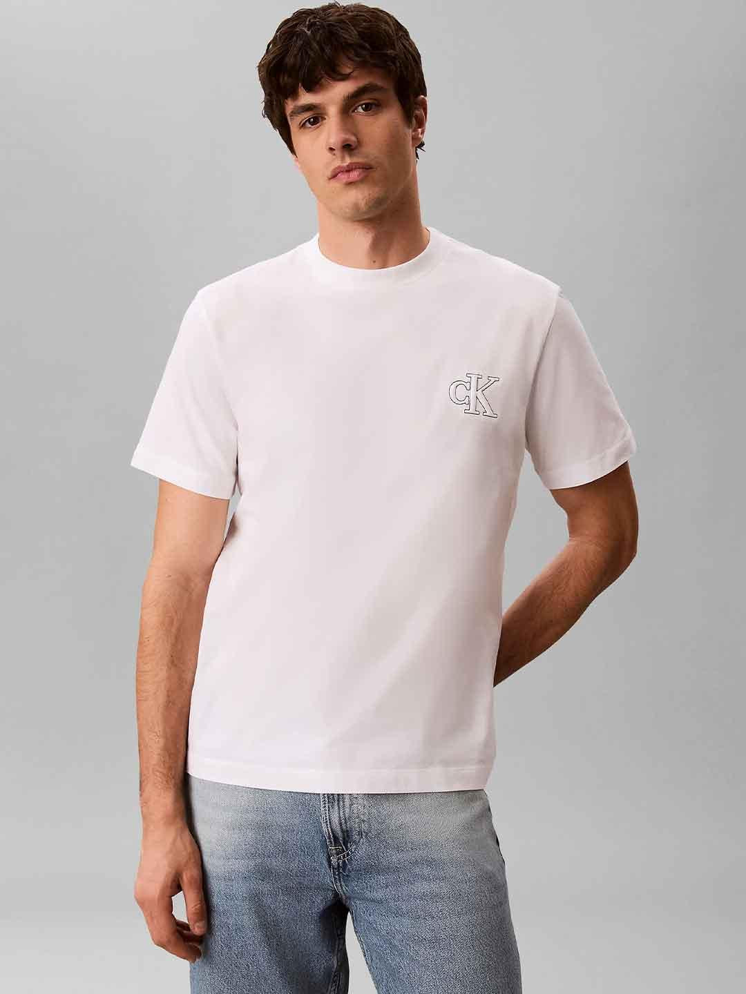 Calvin Klein t-shirt bianco a coste con logo cucito LV04RG220G BIANCO CALVIN KLEIN 
