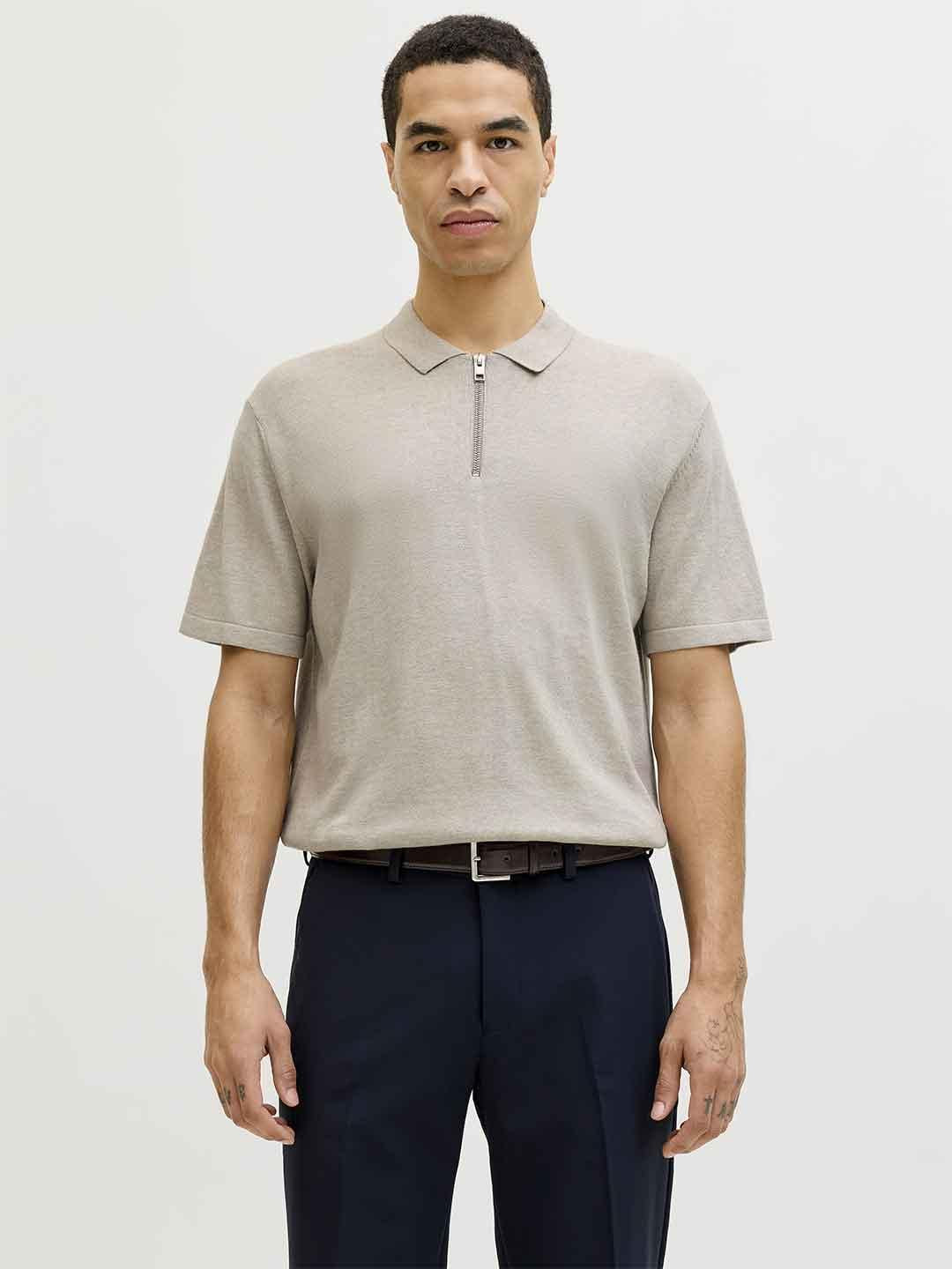 Jack & Jones polo beige con zip 12288260 BEIGE JACK & JONES 
