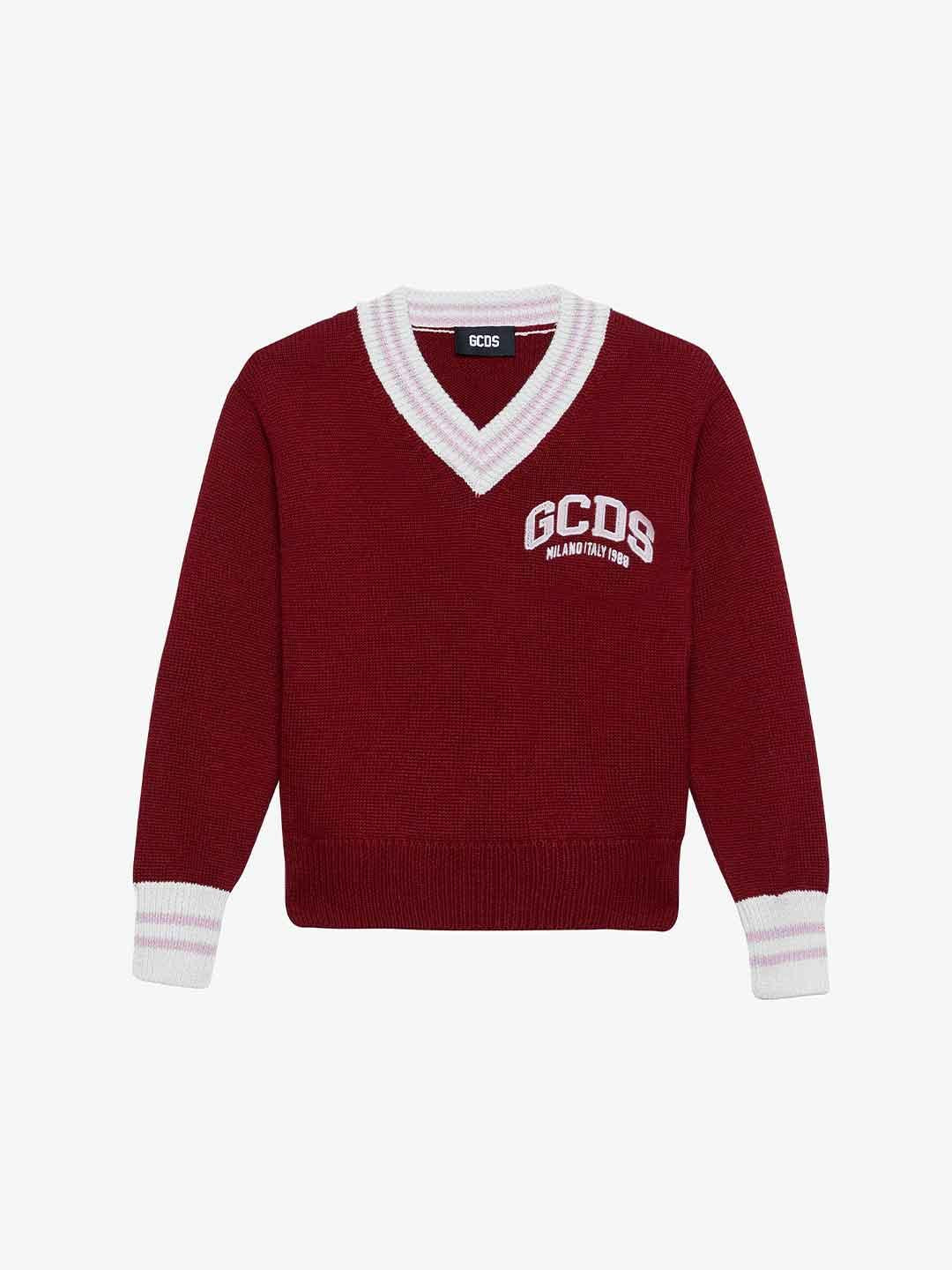 GCDS maglione kids bordeaux con scollo a V B2JW1703BA8 BORDEAUX GCDS 