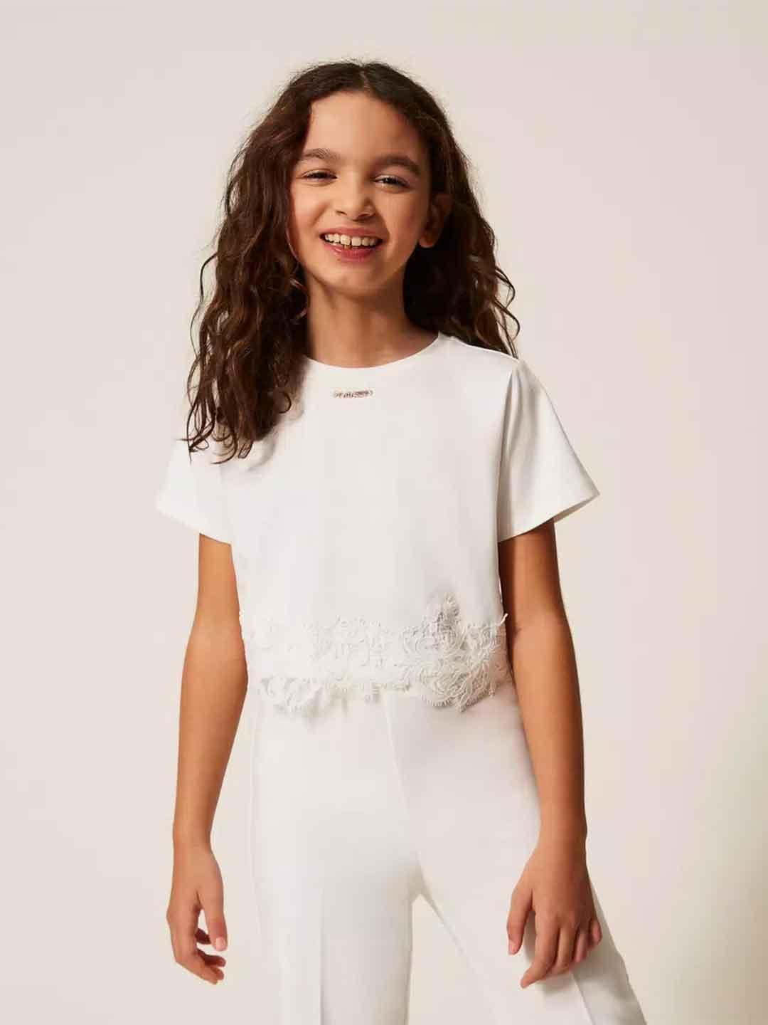 Twinset t-shirt kids bianco crop con pizzo 261GJ2090 BIANCO TWINSET 