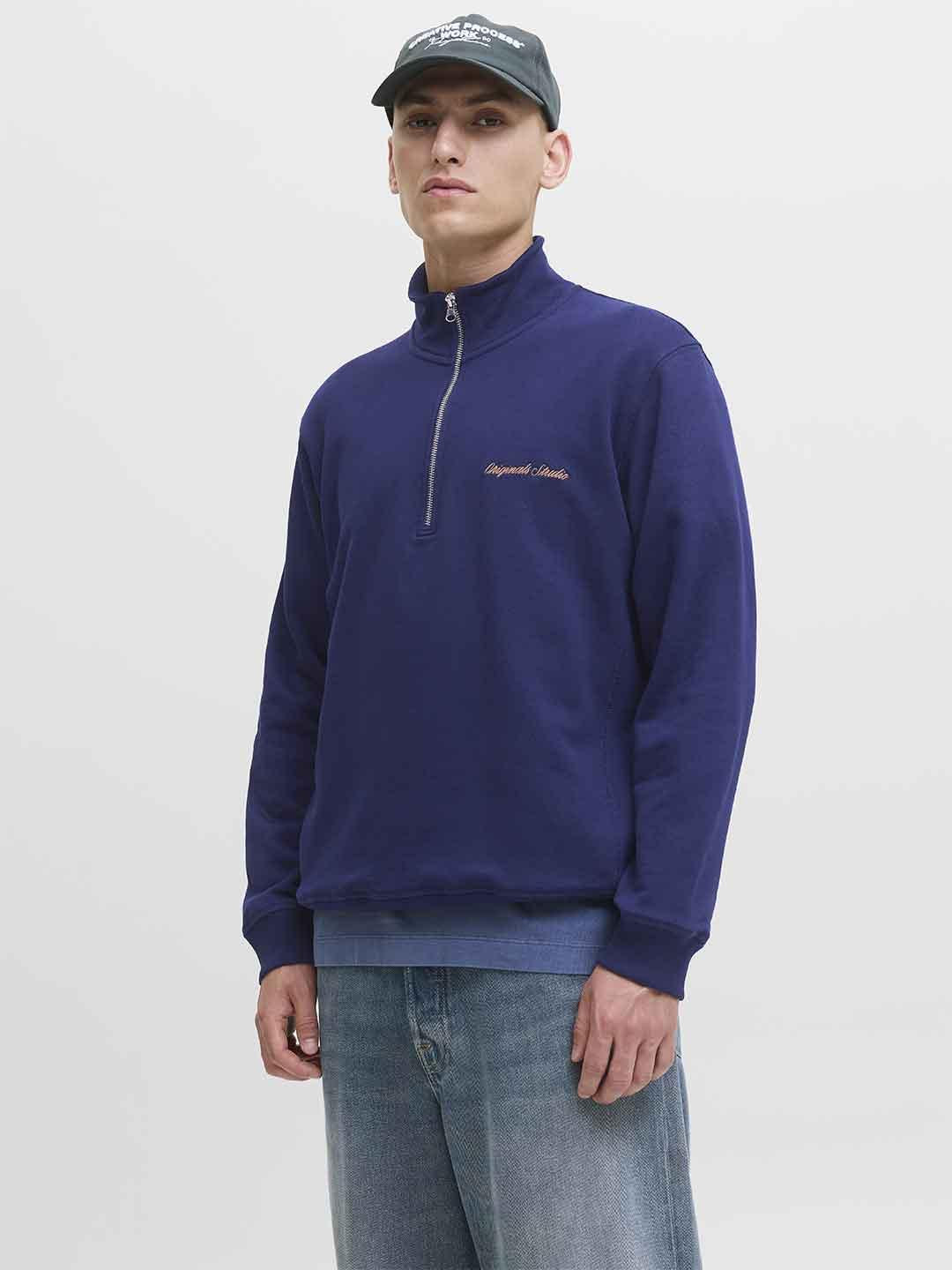 Jack & Jones felpa blu con metà zip 12282899 BLU JACK & JONES 