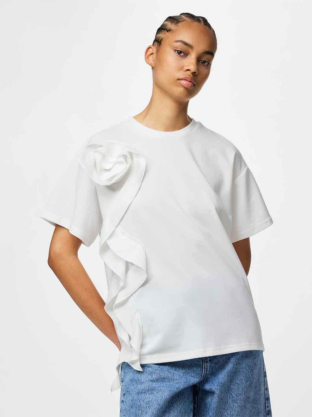 Pieces t-shirt bianco con rouche laterale 17164392 BIANCO PIECES 