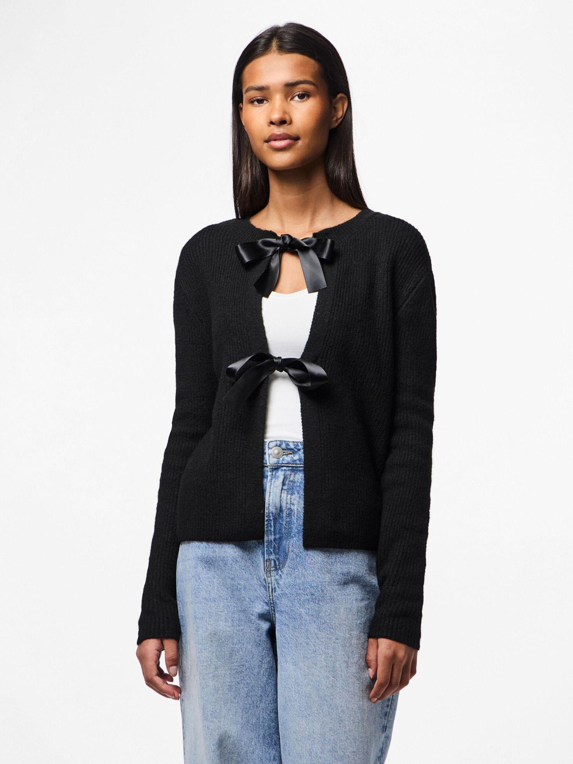 Pieces cardigan nero con fiocchi in raso 17154955 NERO PIECES 