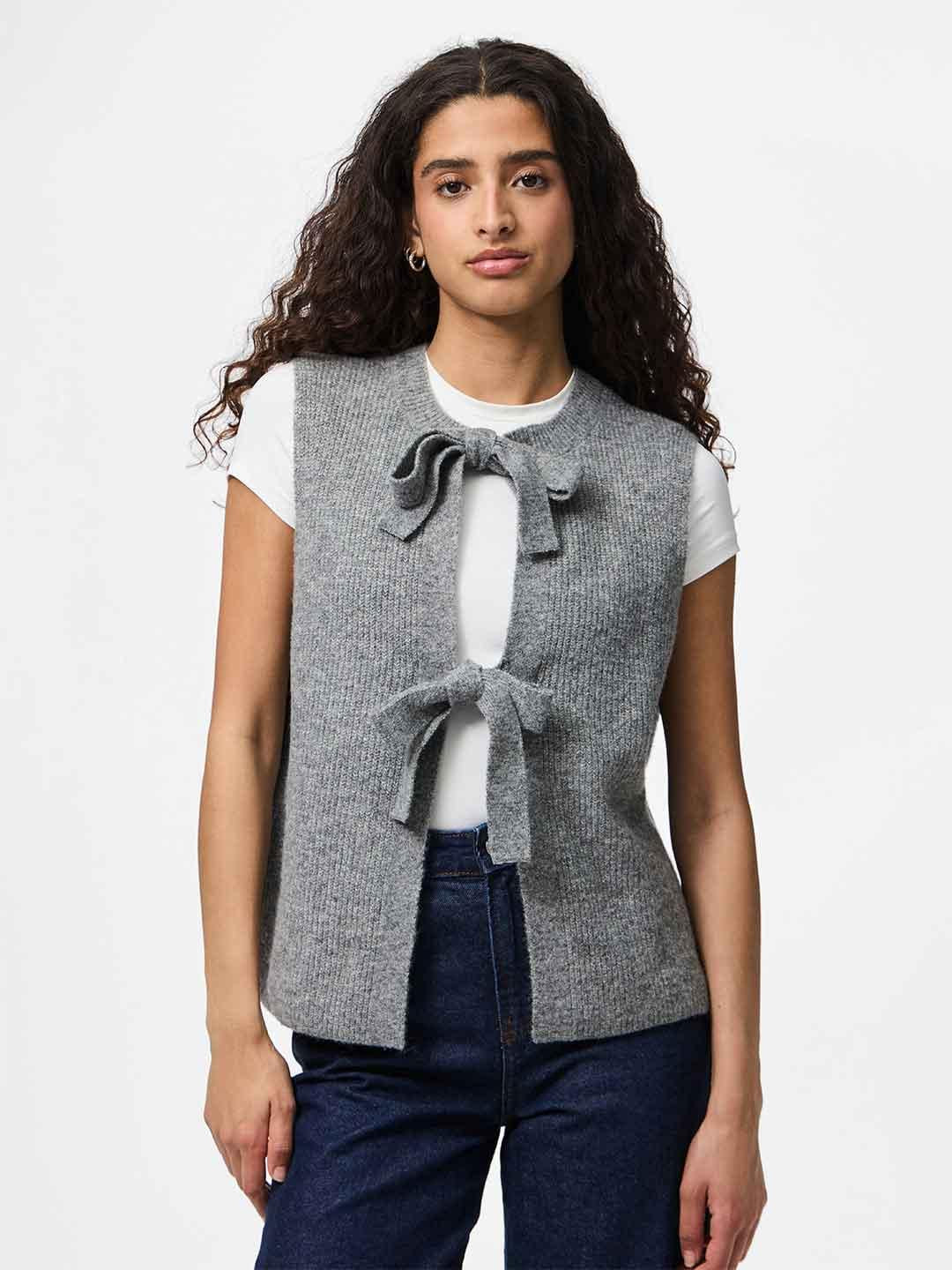 Pieces maglione grigio smanicato con fiocchi 17156680 GRIGIO PIECES 