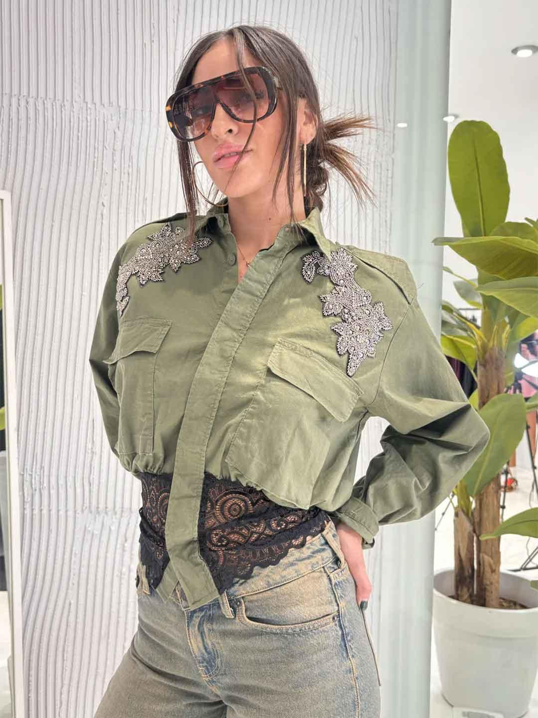 Motel camicia verde con orlo in pizzo 37628G VERDE MOTEL 