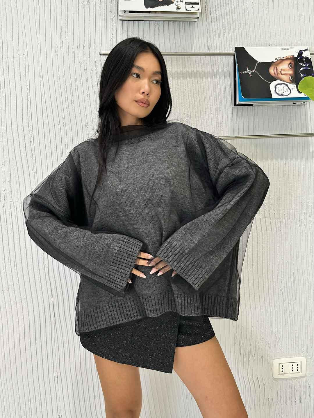 Tensione In maglione grigio con tulle W5MJ17A400-25C GRIGIO TENSIONE IN 