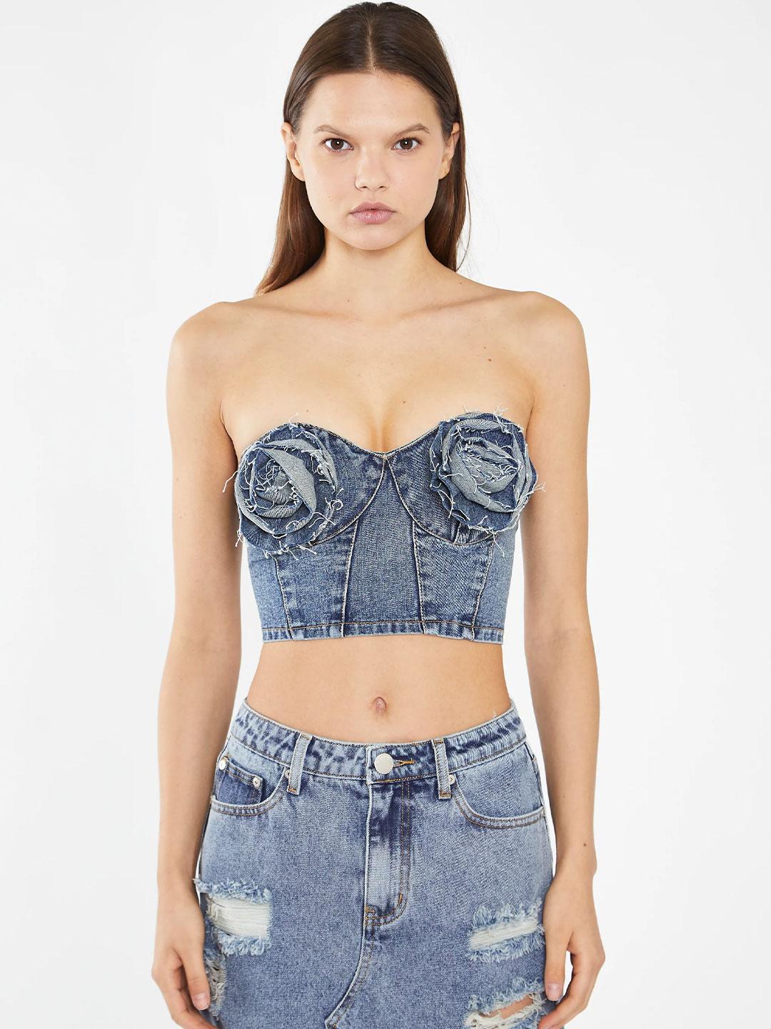 Glamorous top in jeans crop con rose AN4711 JEANS GLAMOROUS 