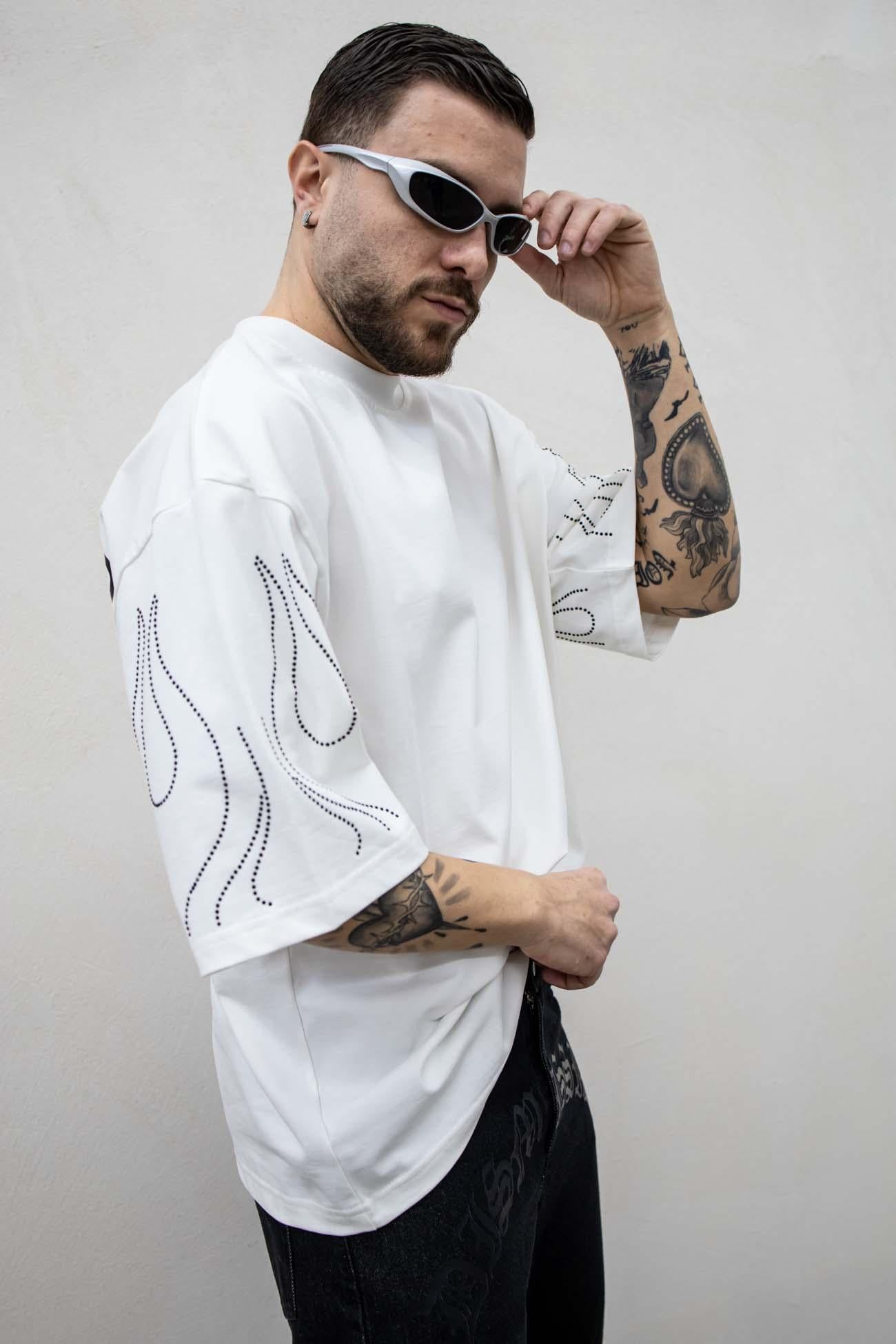 Present Day t-shirt bianco con flame in strass PDP014 BIANCO PRESENT DAY 