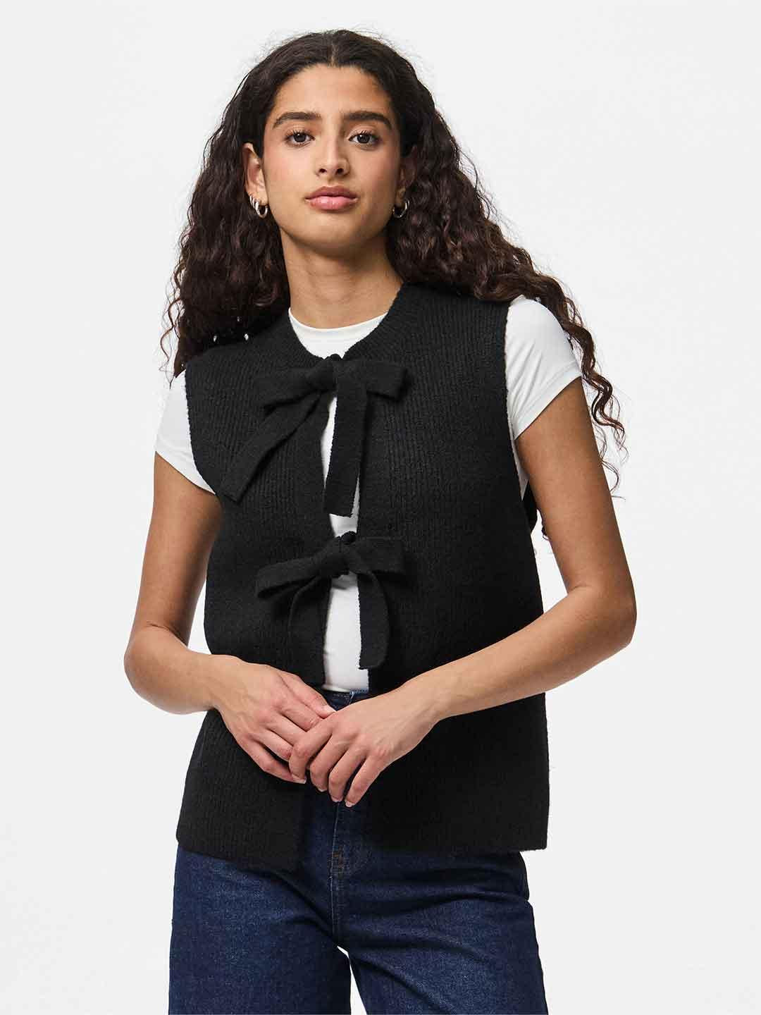 Pieces maglione nero smanicato con fiocchi 17156680 NERO PIECES 