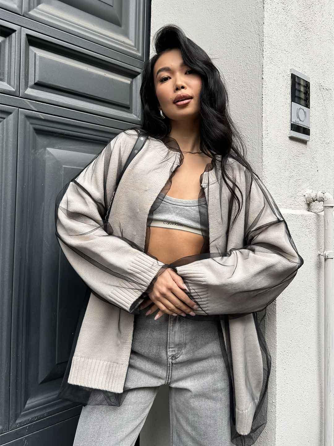 Tensione In cardigan panna con tulle W5HMG20A400-25 C PANNA TENSIONE IN 