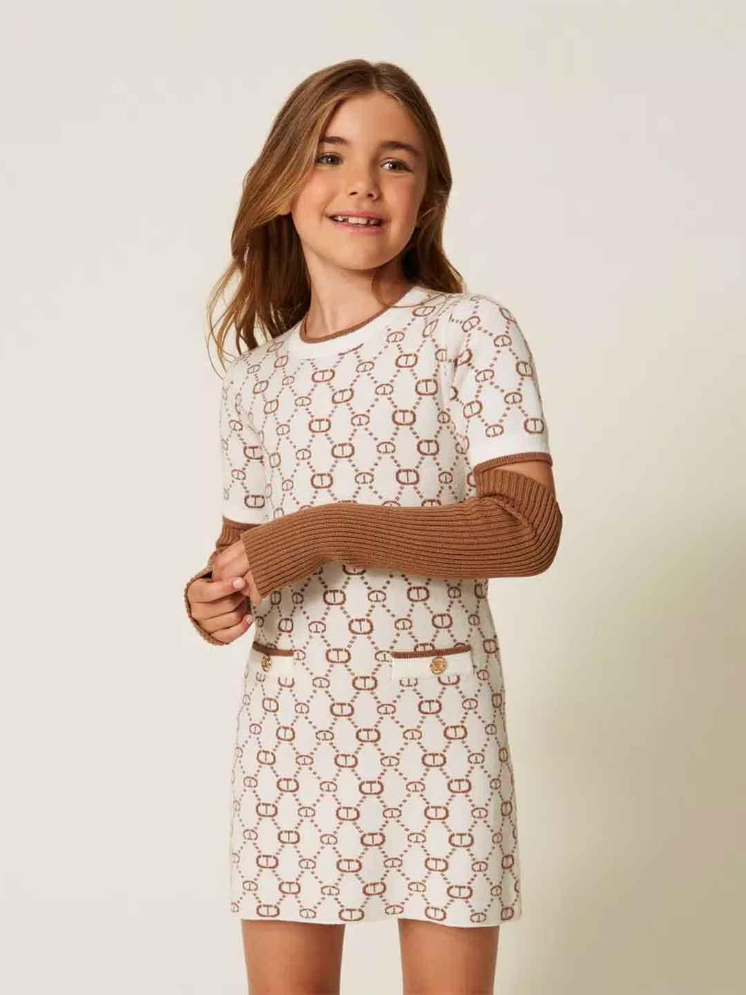 Twinset abito kids panna a fantasia con manicotti 252GJ3020 FANTASIA TWINSET 