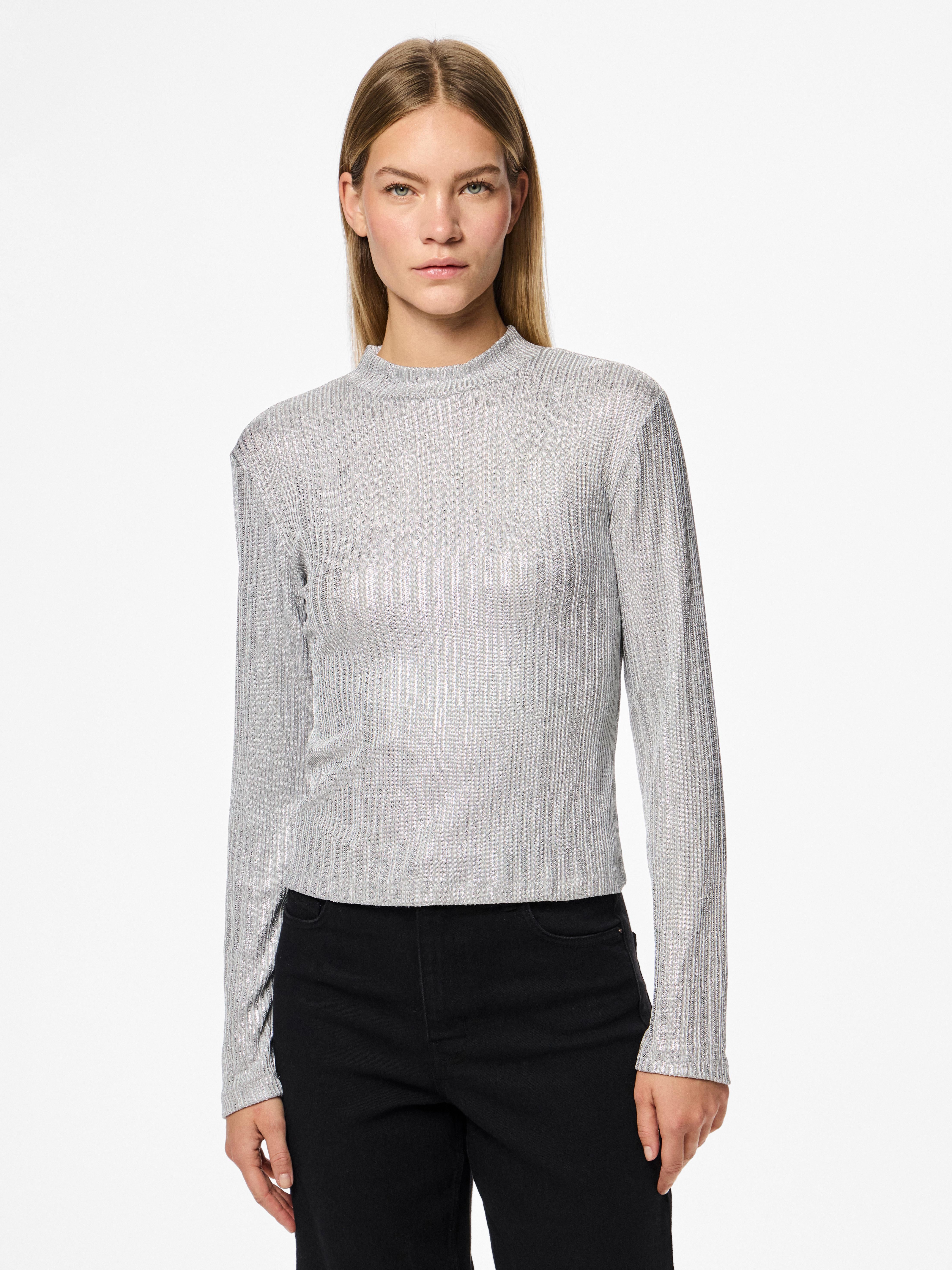 Pieces top grigio collo alto glitterato 17153603 GRIGIO PIECES 