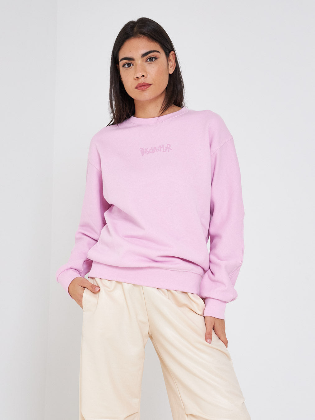 Disclaimer pink crewneck sweatshirt with graffiti effect logo