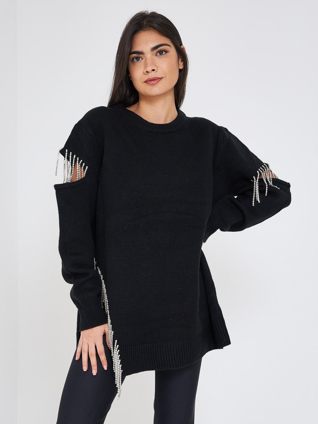 Eleh black cut-out sweater with rhinestones