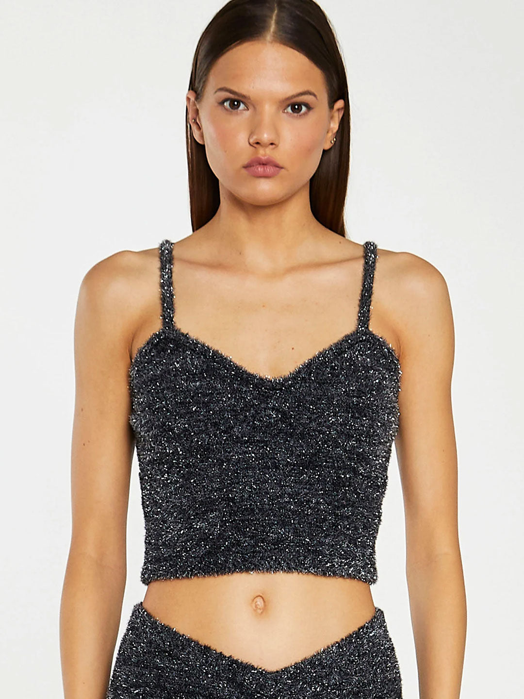 Glamorous gray top in tinsel knit