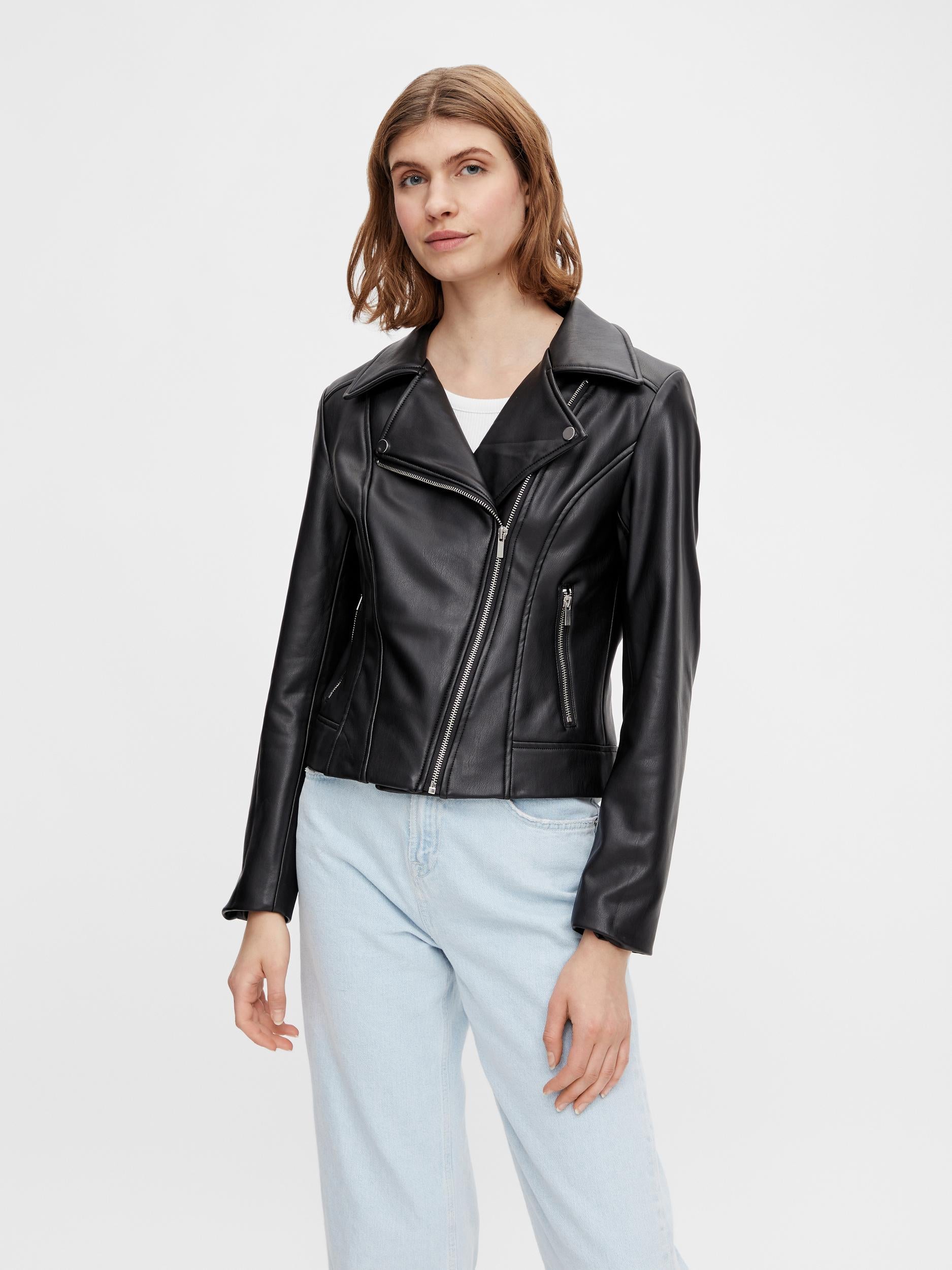 Pieces black cropped faux leather jacket