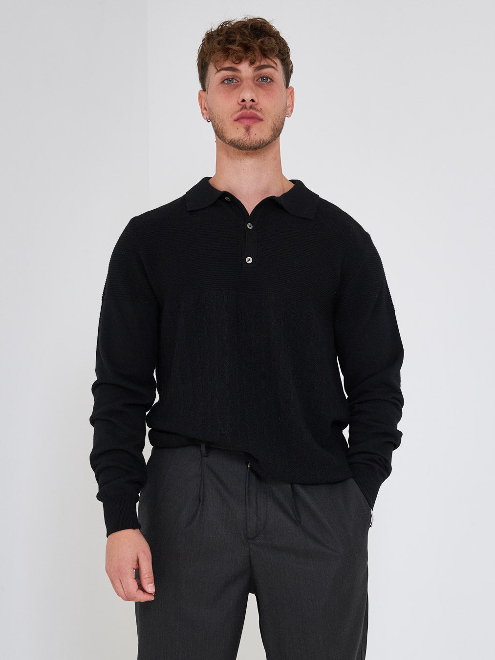 Prime black sweater with polo collar