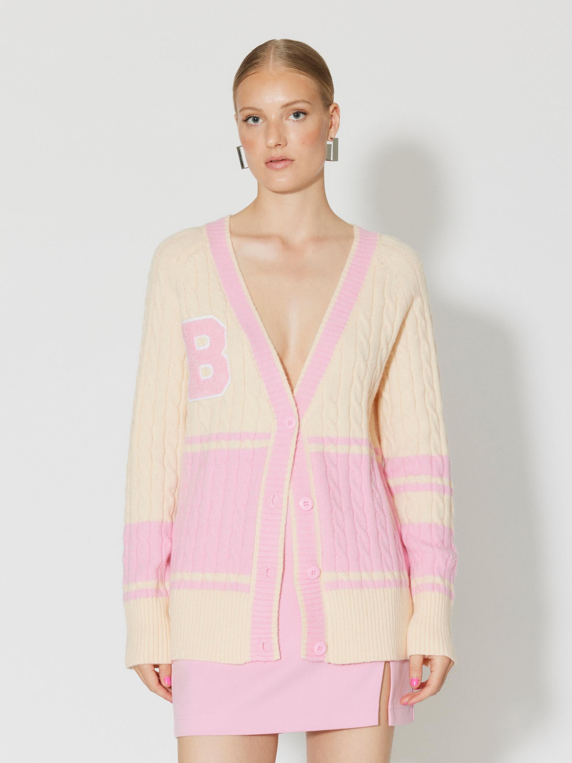 Something New cardigan in maglia bicolor rosa e panna<BR/>