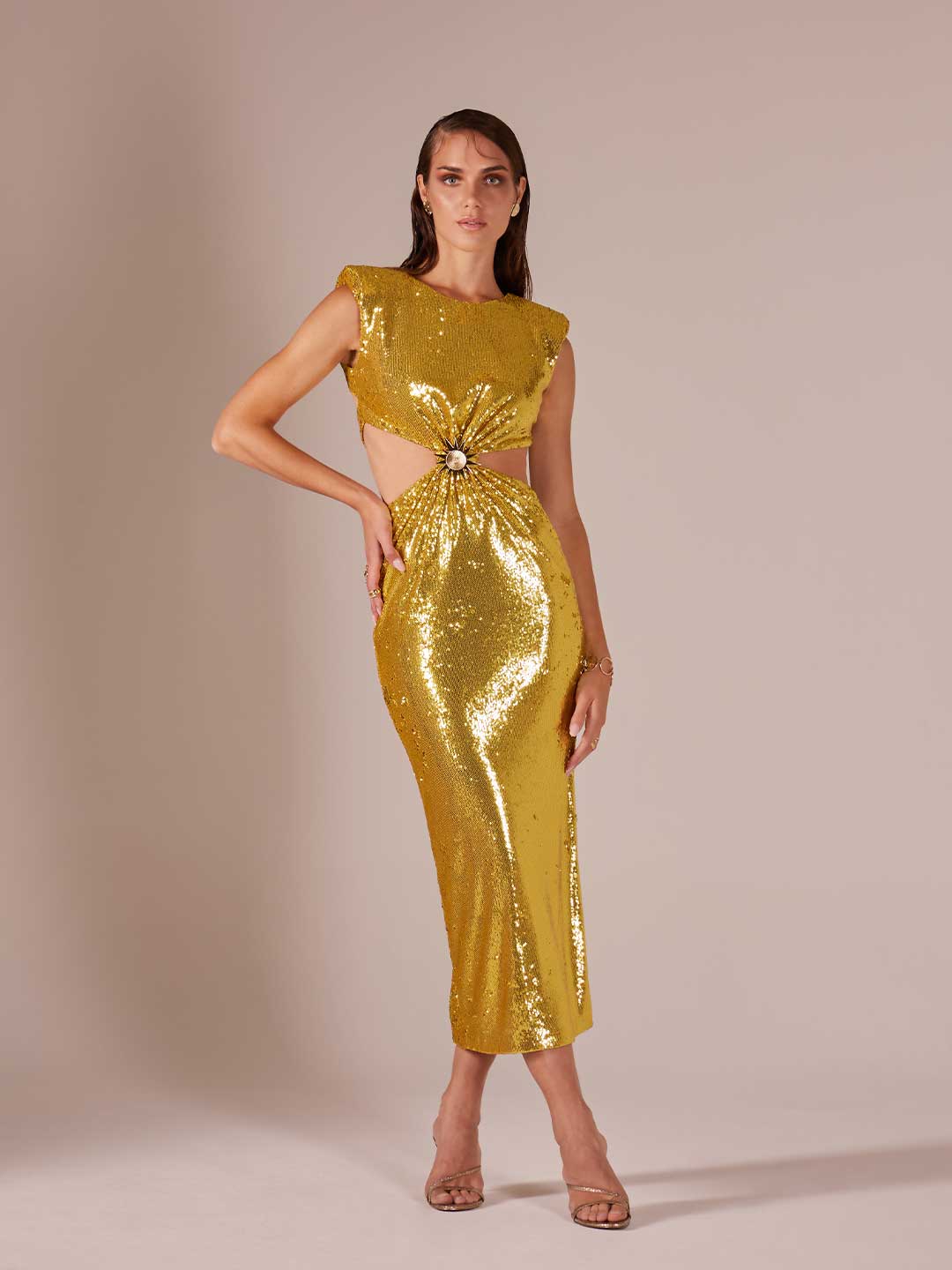 Alma Sanchez long gold laminate dress