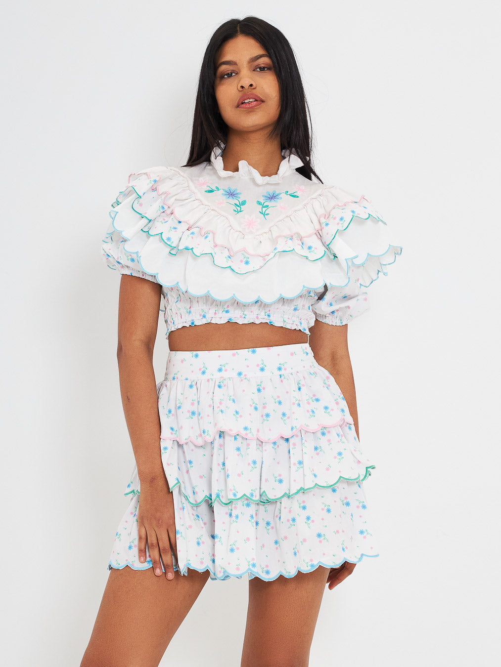 Glamorous coordinated white crop top and skirt with flowers