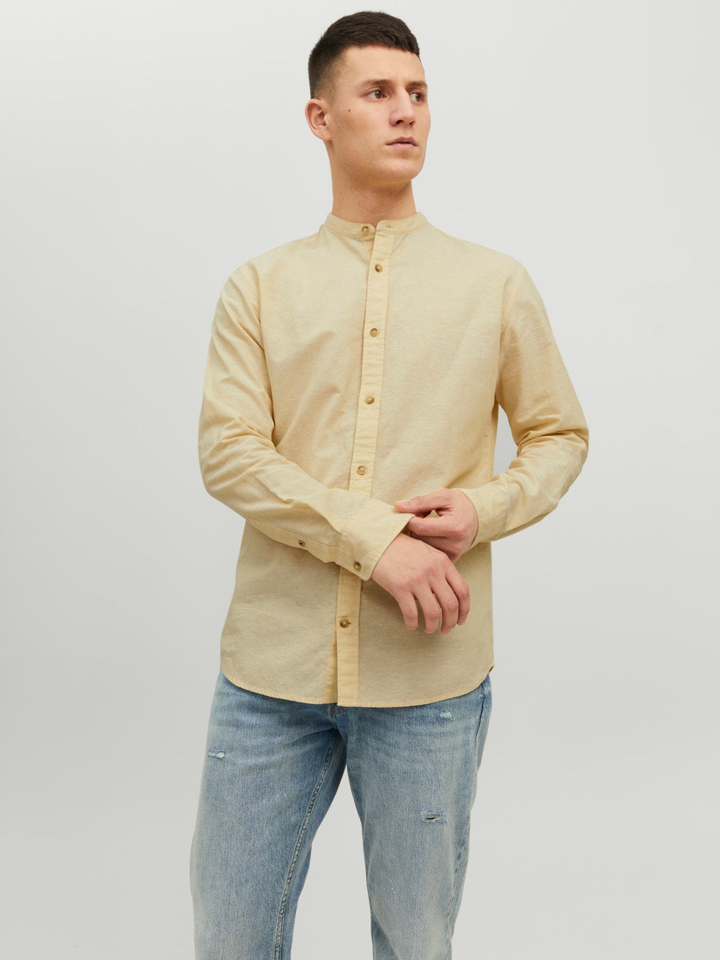 Jack&amp;Jones yellow long-sleeved shirt, mandarin collar
