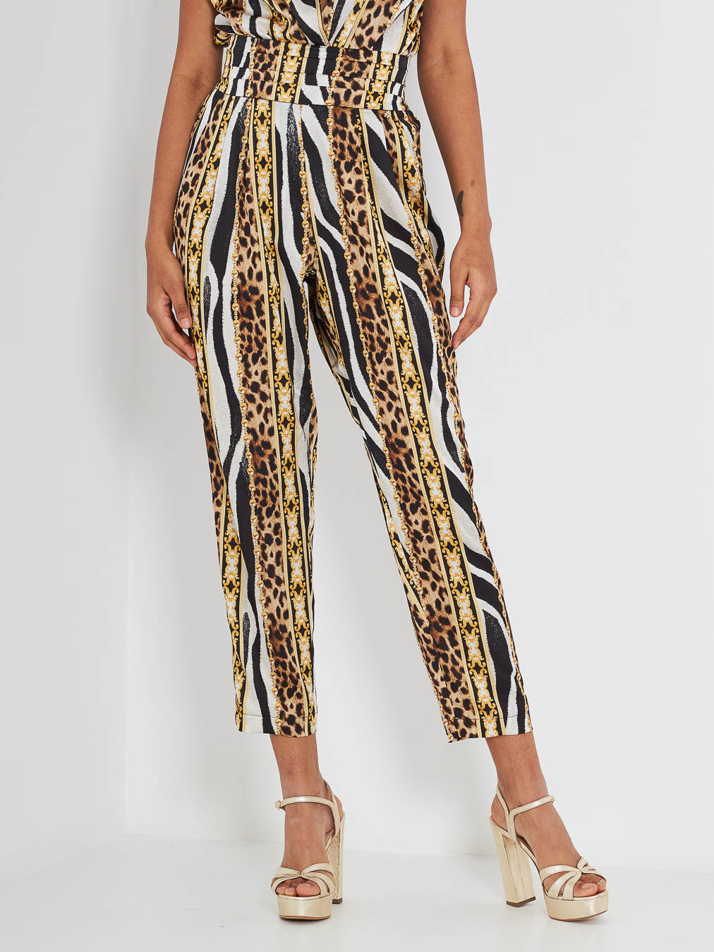 S#it laminated jungle pattern trousers