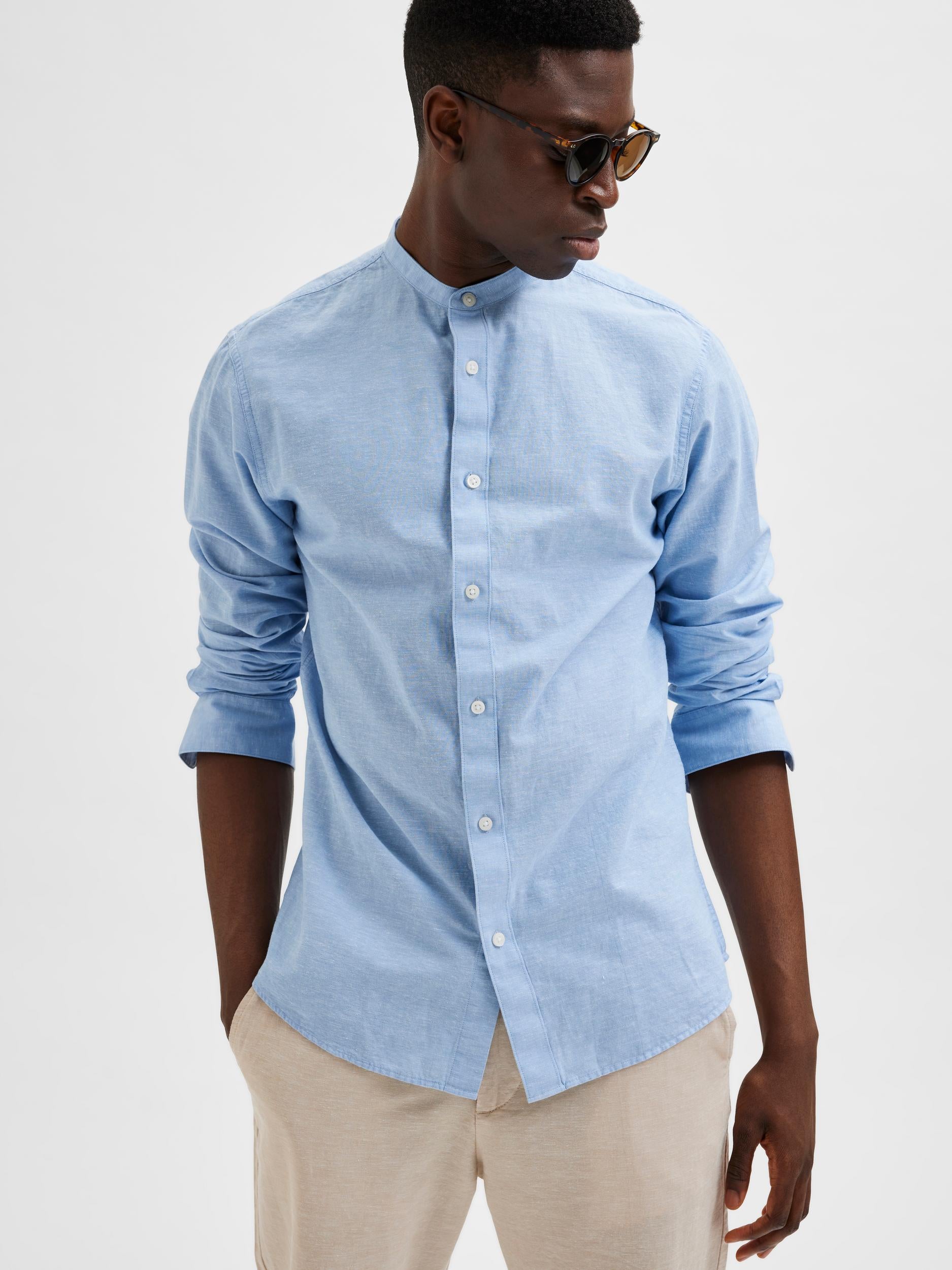 Selected light blue shirt with mandarin collar